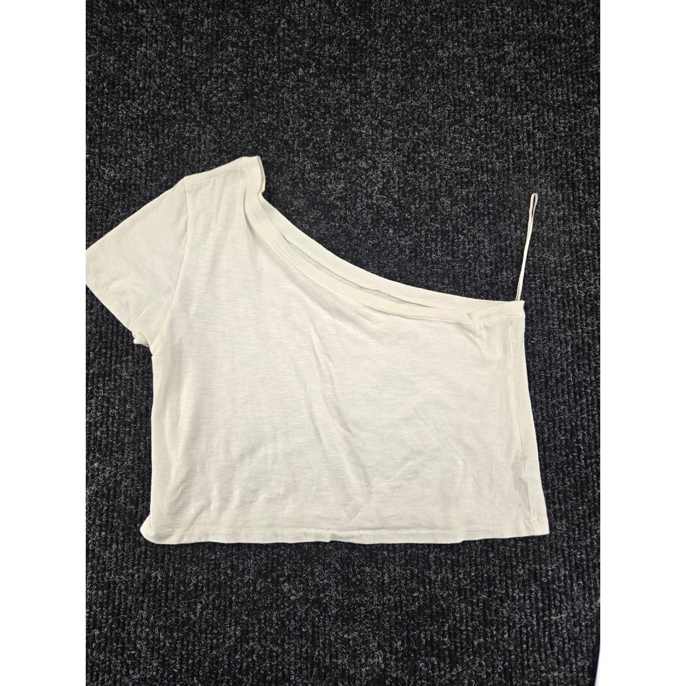 Aerie Womens One Shoulder Crop Top Cream Off White Cotton Short Sleeve Large